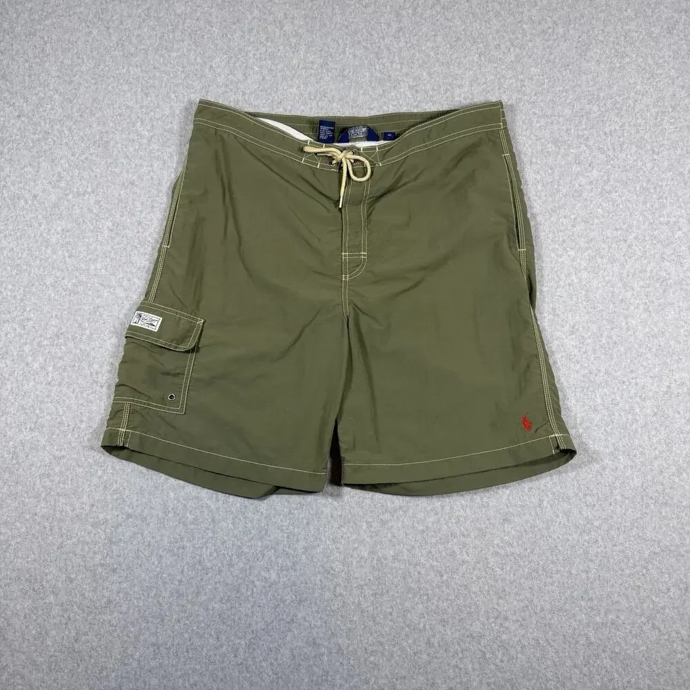 Polo Ralph Lauren Men's Swim Trunks XL Olive Cargo Pocket Lined Drawstring Pony